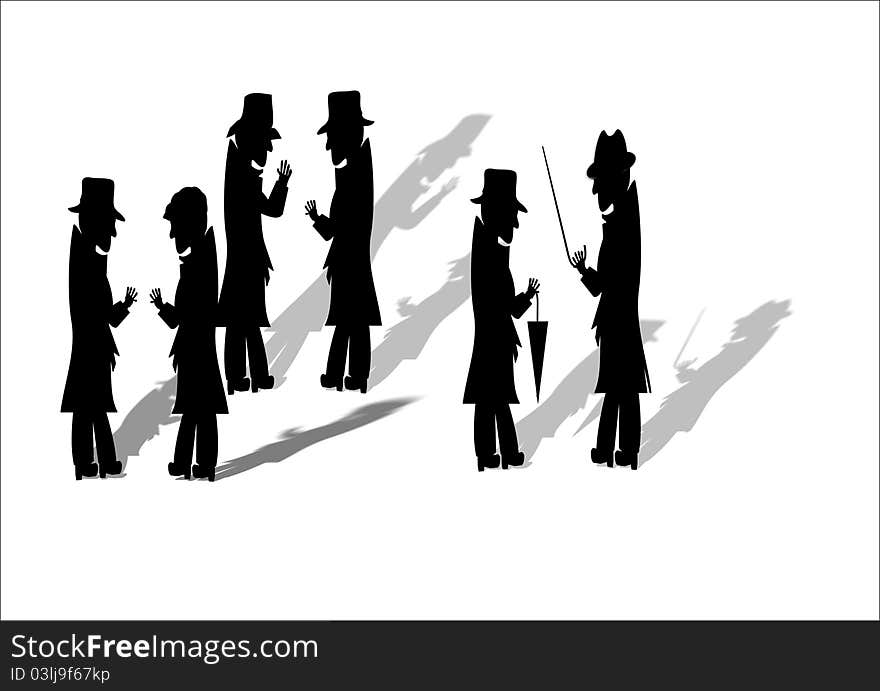 Group of men in black with fedoras talking on white