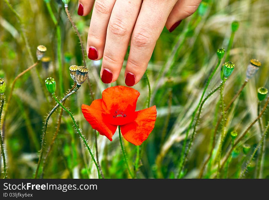 Finger with red fingernail touching