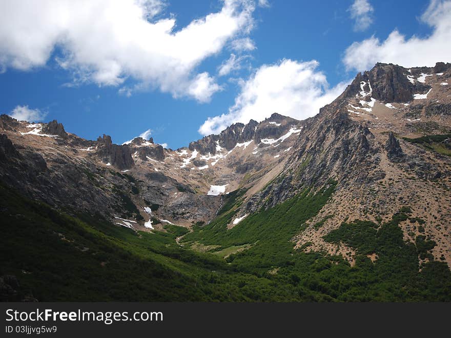 Green valley with snow on the peaks