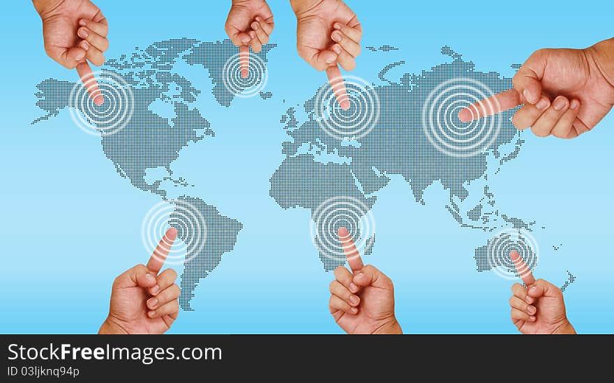 Hand pointing on continent for concept of connectivity