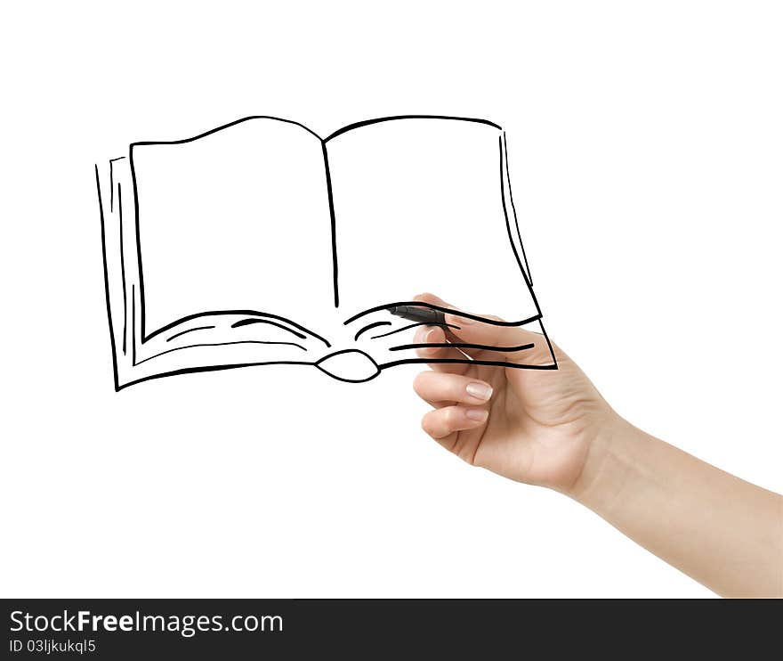 Hand with marker drawing book on white background. Hand with marker drawing book on white background