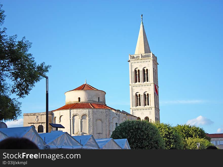 Church of St. Donat and tower of cathedral of St. Anastasia in Zadar, Croatia from 9th century. Church of St. Donat and tower of cathedral of St. Anastasia in Zadar, Croatia from 9th century