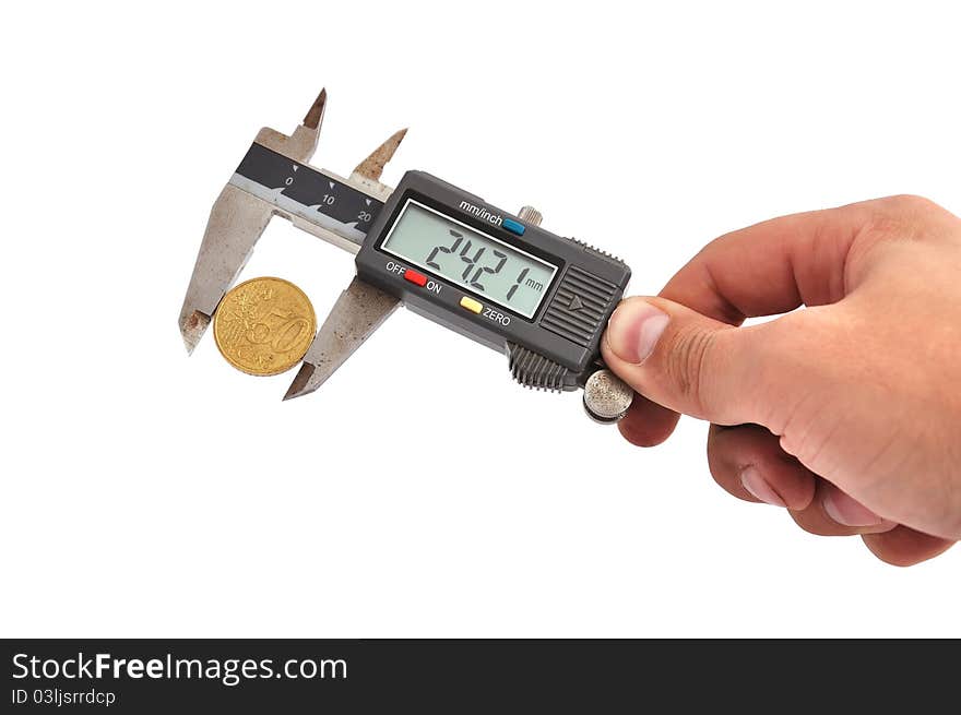 Electronic calipers and money on a white background. Electronic calipers and money on a white background