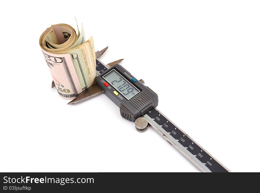 Electronic calipers and money on a white background. Electronic calipers and money on a white background