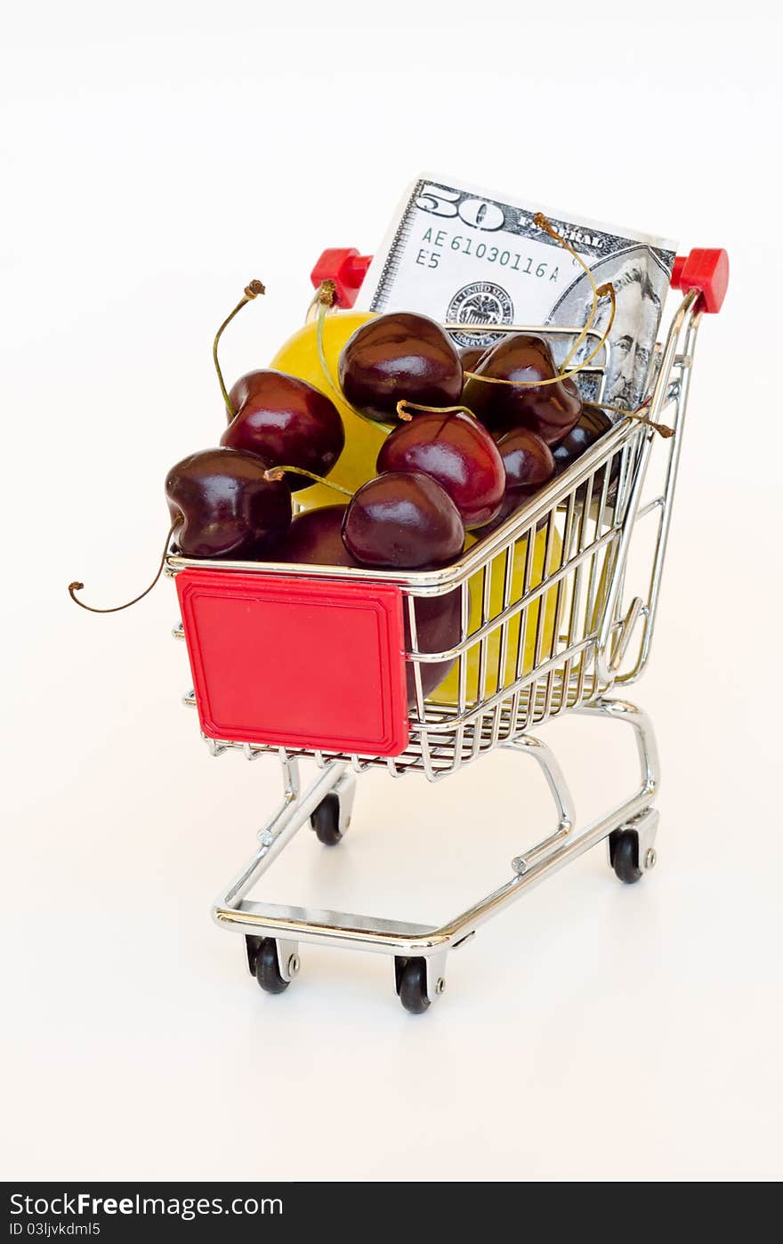 Shopping Cart With Fruts And Dollar