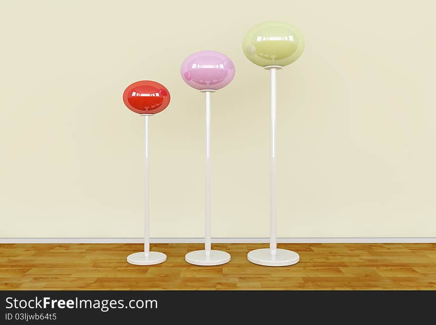 3D render of three modern lamps on a blank room