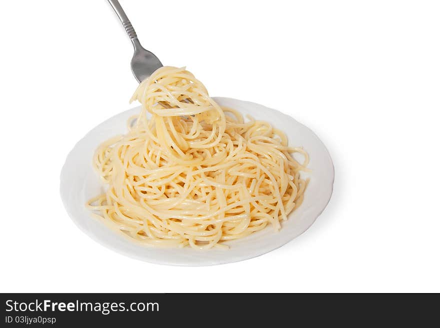 Spaghetti serve on white plate. Spaghetti serve on white plate