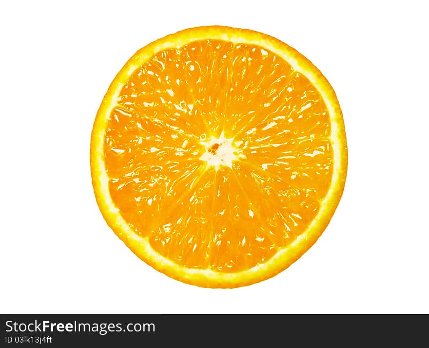 Round fresh orange slice on a white background on which drains the juice