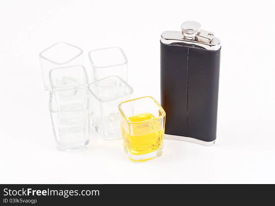 Flask With Shot Glasses And Alcohol. Flask With Shot Glasses And Alcohol