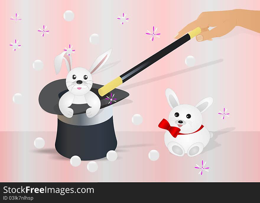 White bunny in a topper and hand holding the magic stick, vector format. White bunny in a topper and hand holding the magic stick, vector format