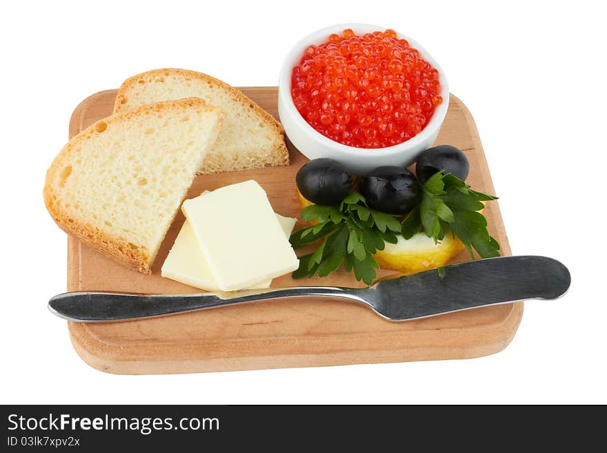 Served caviar, with butter and toasts  isolated on white