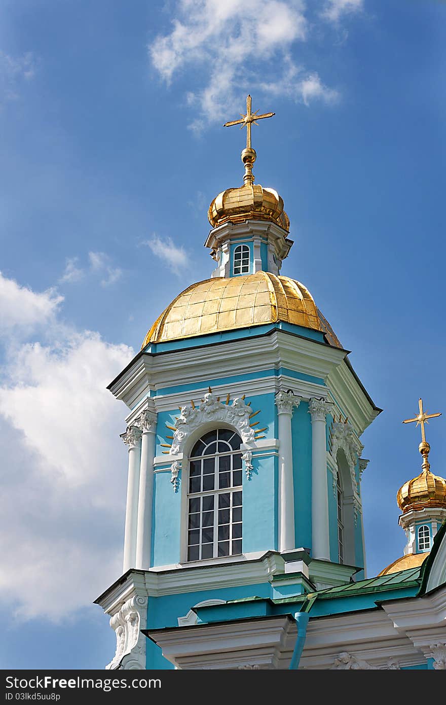 St. Nicholas cathedral with blue sky in Saint-Petersburg, Russia. St. Nicholas cathedral with blue sky in Saint-Petersburg, Russia