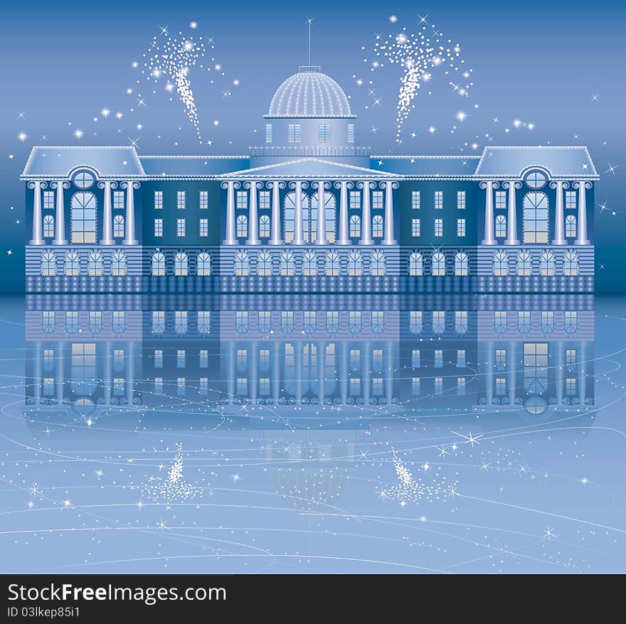 Facade of the old house decorated with christmas lights - vector illustration. Facade of the old house decorated with christmas lights - vector illustration