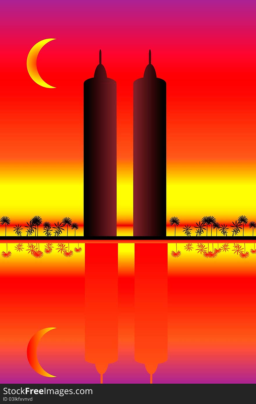 Silhouette of two skyscrapers at sunset