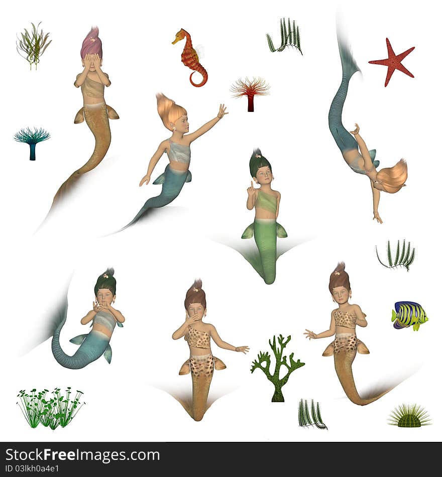 Illustration of mermaids in different poses and underwater plants