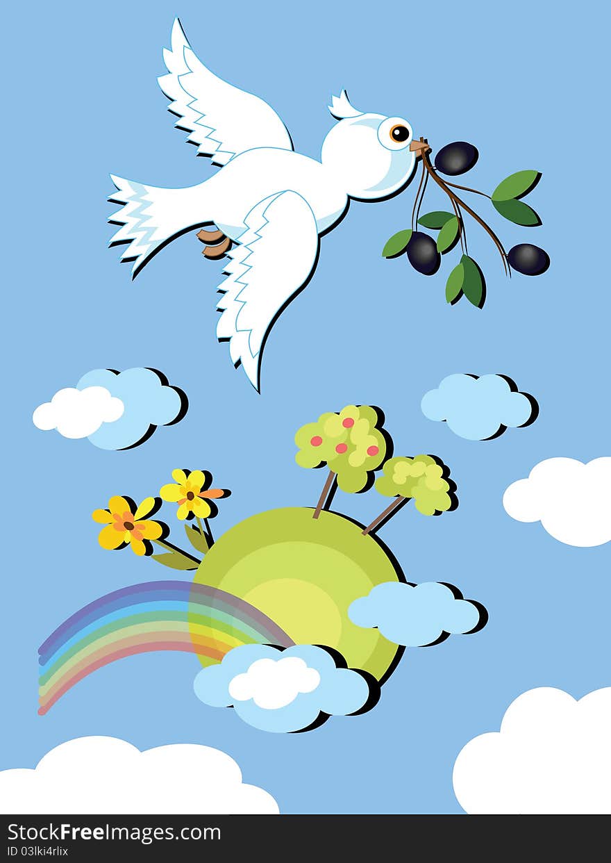 White dove with olive branch in the sky