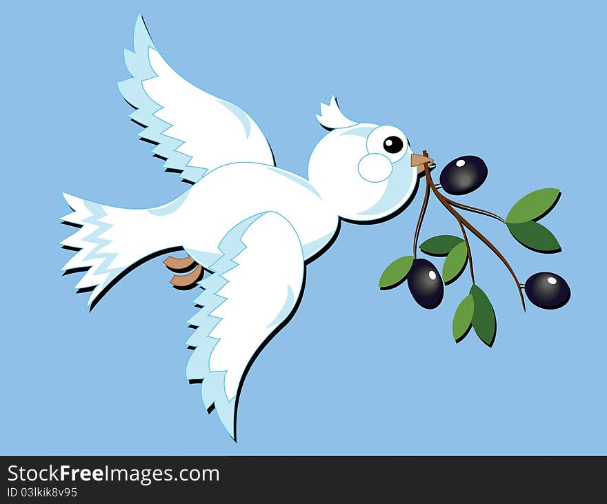 White dove with olive branch at the sky background.