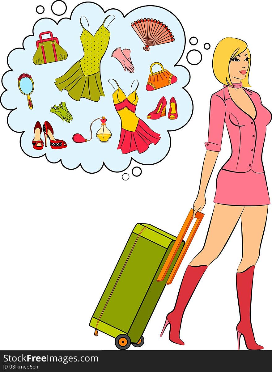 Beautiful girl with suitcase.illustration for a design