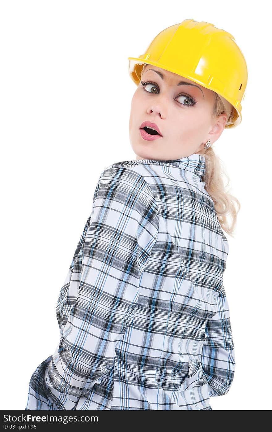 Surprised girl with hard hat - isolated on white background