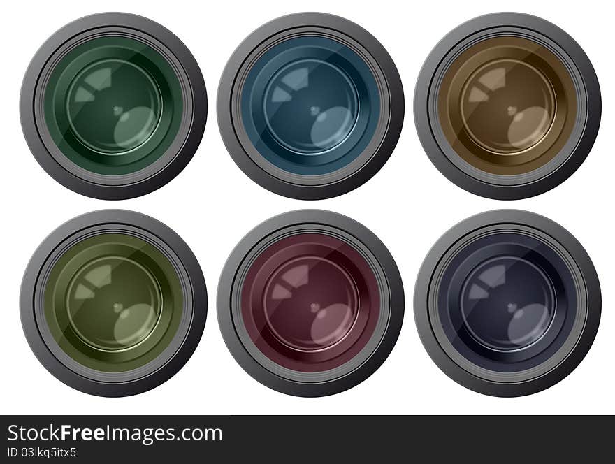 Illustration of set of six color camera lens. Illustration of set of six color camera lens