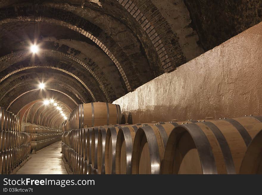 Vaulted cellar with wine barrels. Vaulted cellar with wine barrels