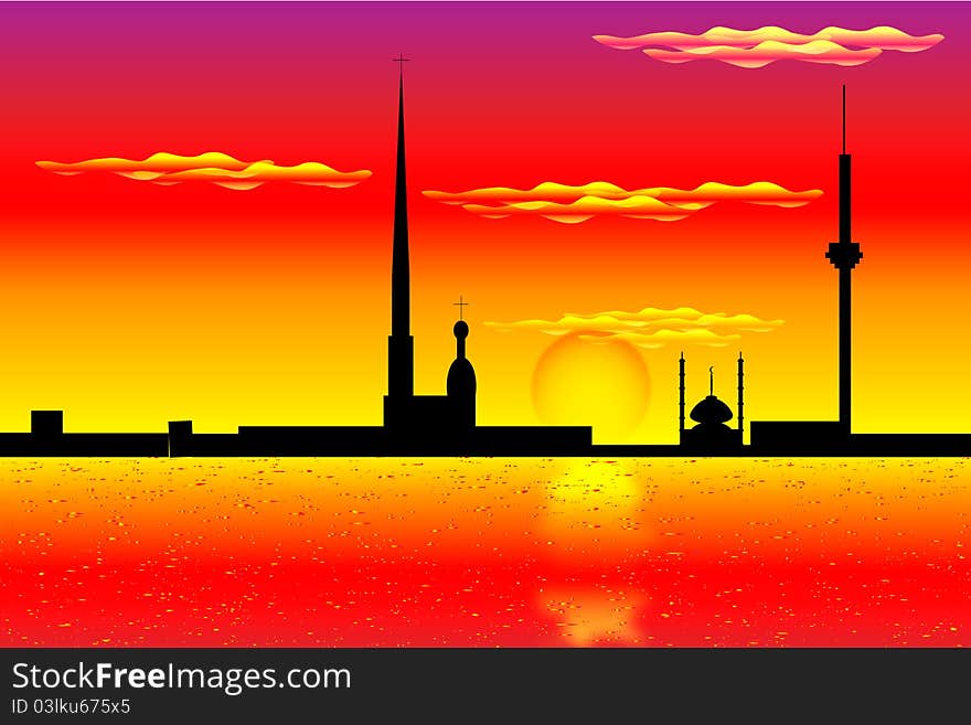 Silhouette of St. Petersburg and Neva river at sunset. Silhouette of St. Petersburg and Neva river at sunset