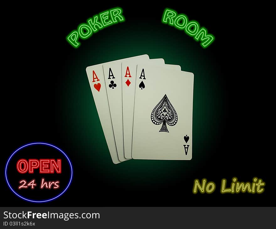 Four Aces spotlighted against a green background with colorful neon (like what you might see outside a poker room) surrounding and highlighted against a black background. Clean, simple and fun. Four Aces spotlighted against a green background with colorful neon (like what you might see outside a poker room) surrounding and highlighted against a black background. Clean, simple and fun.