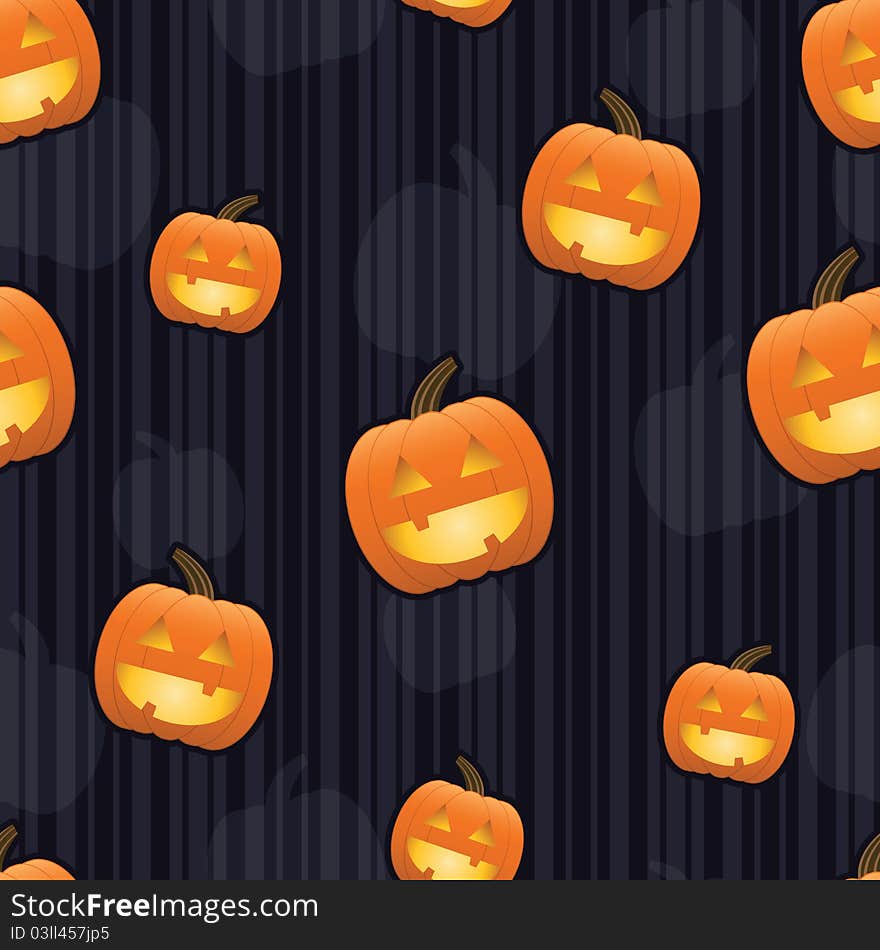 Smiling jack-o-lanterns with glowing faces arranged on a seamless striped tile; gradients used. Smiling jack-o-lanterns with glowing faces arranged on a seamless striped tile; gradients used.