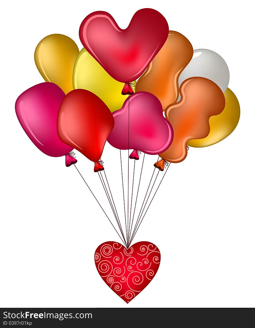 Balloons of the different form fly with a red valentine heart. Balloons of the different form fly with a red valentine heart
