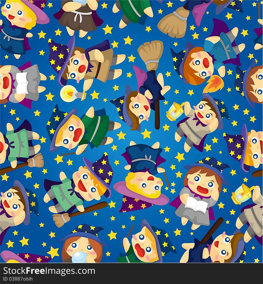 Cartoon Wizard and Witch magic seamless pattern