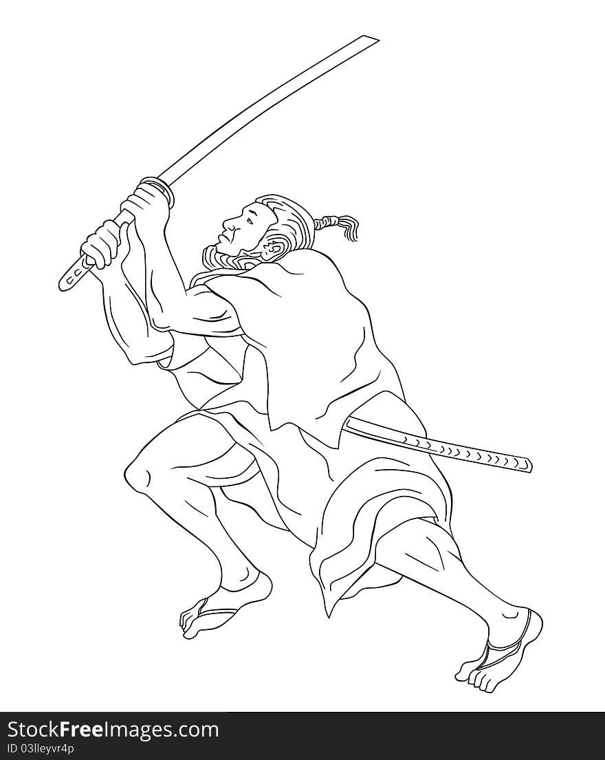 Samurai Warrior With Katana Sword Fighting Stance