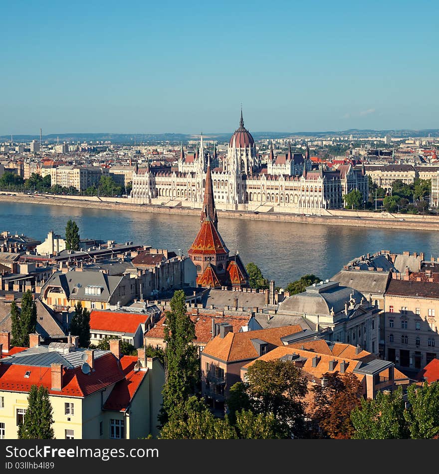 Hungarian Parliament view from Buda Castle Fishermen's Bastion. Hungarian Parliament view from Buda Castle Fishermen's Bastion