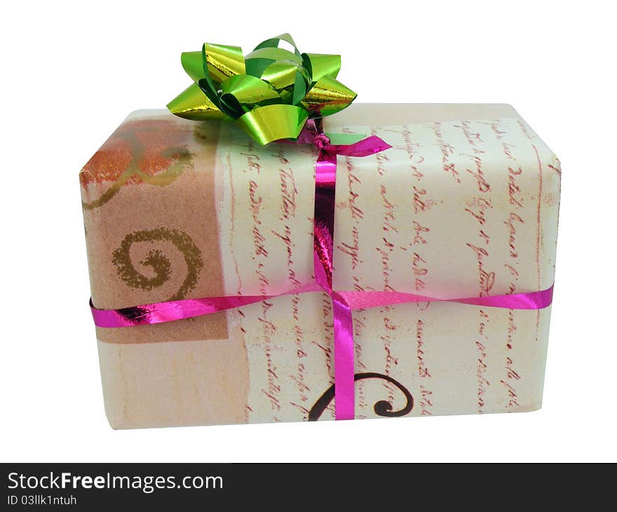 Christmas present with ribbon and decoration isolated