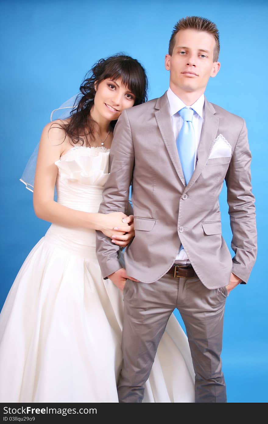 The bride and groom on a blue background