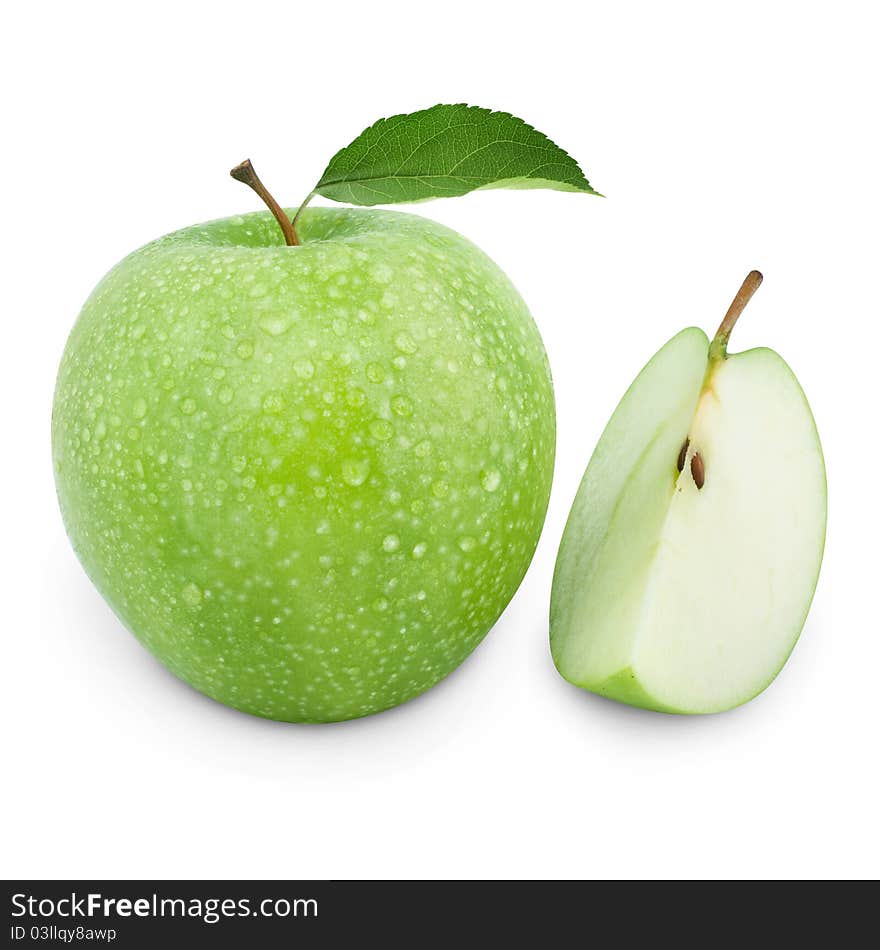 Green apples and half of apple Isolated on a white background