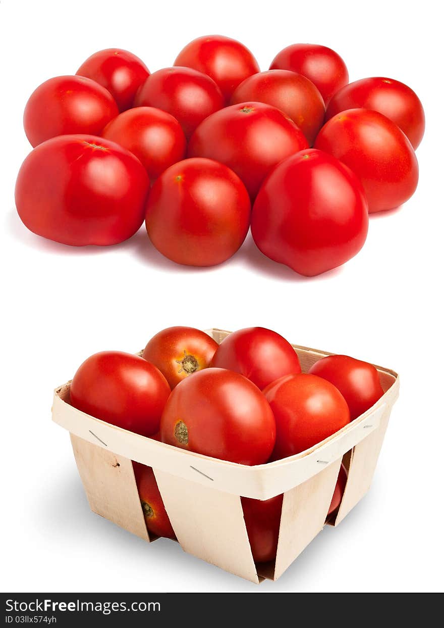 Tomatoes in a basket and out of it isolated on white