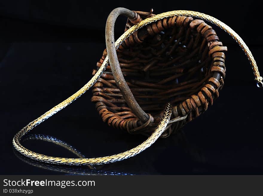 Gold chain with a wicker basket on a black background