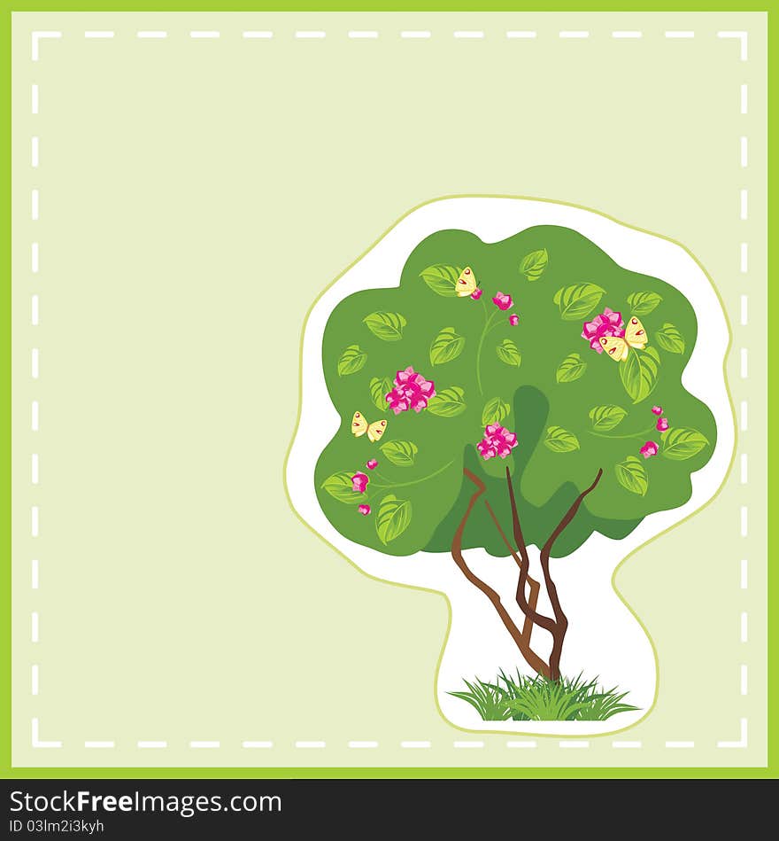 Stylized flowering tree with butterflies in the frame. Card. Illustration. Stylized flowering tree with butterflies in the frame. Card. Illustration