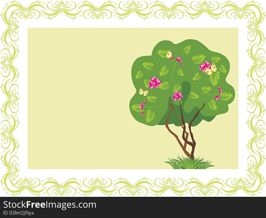 Stylized flowering tree with butterflies in the frame. Illustration. Stylized flowering tree with butterflies in the frame. Illustration