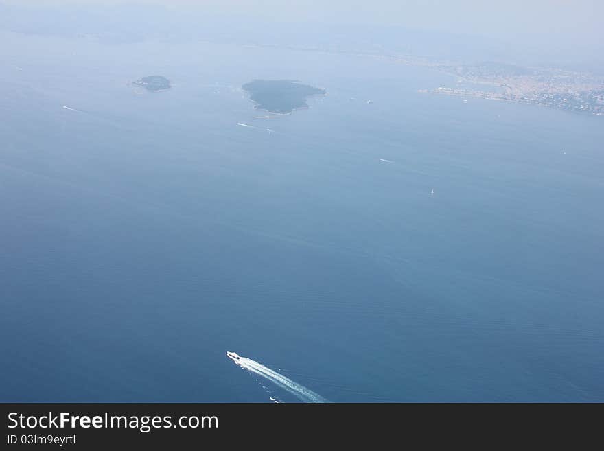 Fast boat in mediterranean sea, aerial view