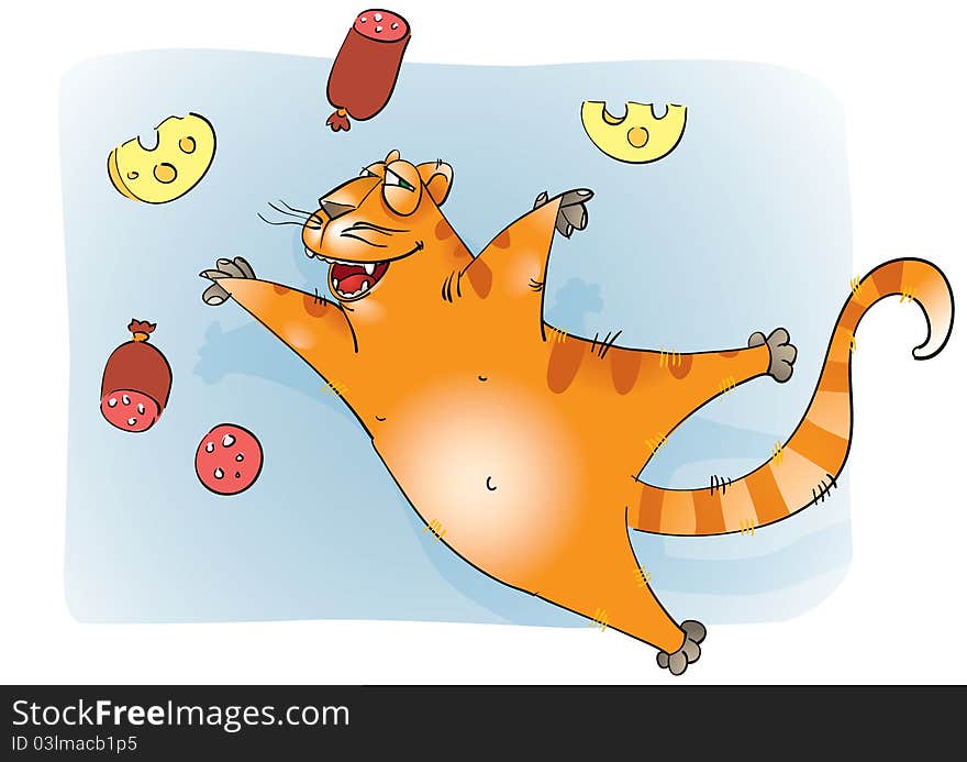 A happy cat with sausages and chees. A happy cat with sausages and chees