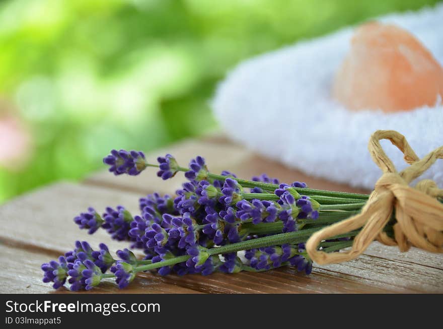 Aromatic bath time with lavender and pink salt. Aromatic bath time with lavender and pink salt