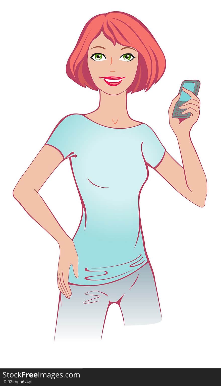 Woman with mobile phone cartoon style illustration. Woman with mobile phone cartoon style illustration