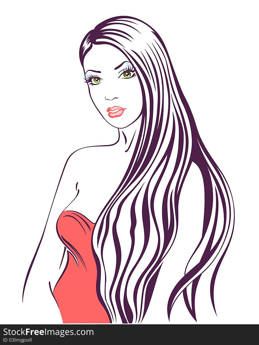 Beautiful fashion woman with hairs in red dress illustration