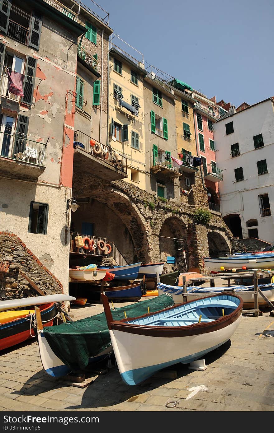 Small boats drawn up on the slipway of the village of Riomaggiore, one of the stunningly beautiful Italian Cinque Terre villages and a UNESCO world heritage site. Small boats drawn up on the slipway of the village of Riomaggiore, one of the stunningly beautiful Italian Cinque Terre villages and a UNESCO world heritage site.