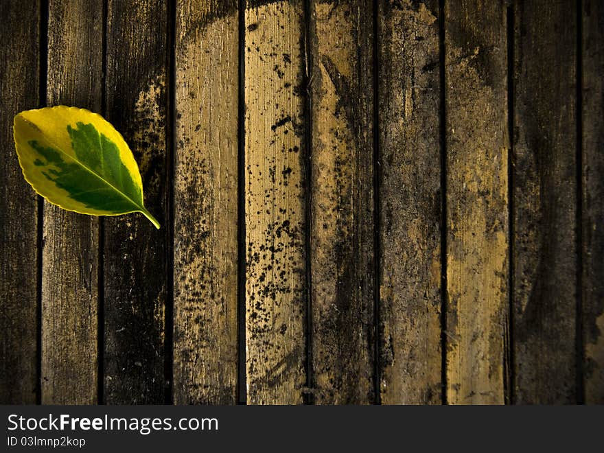 Yellow leaf on an old wooden pad. Yellow leaf on an old wooden pad.