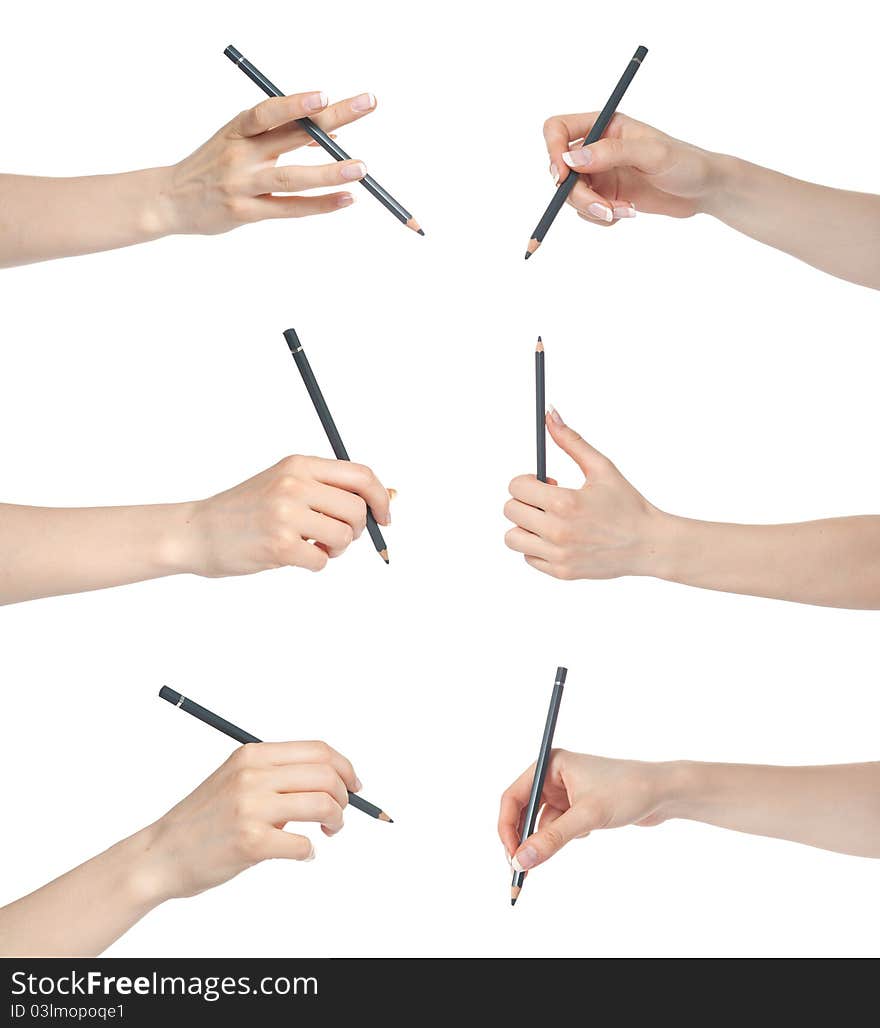 Woman hand holding pencil set. Woman hand holding pencil set