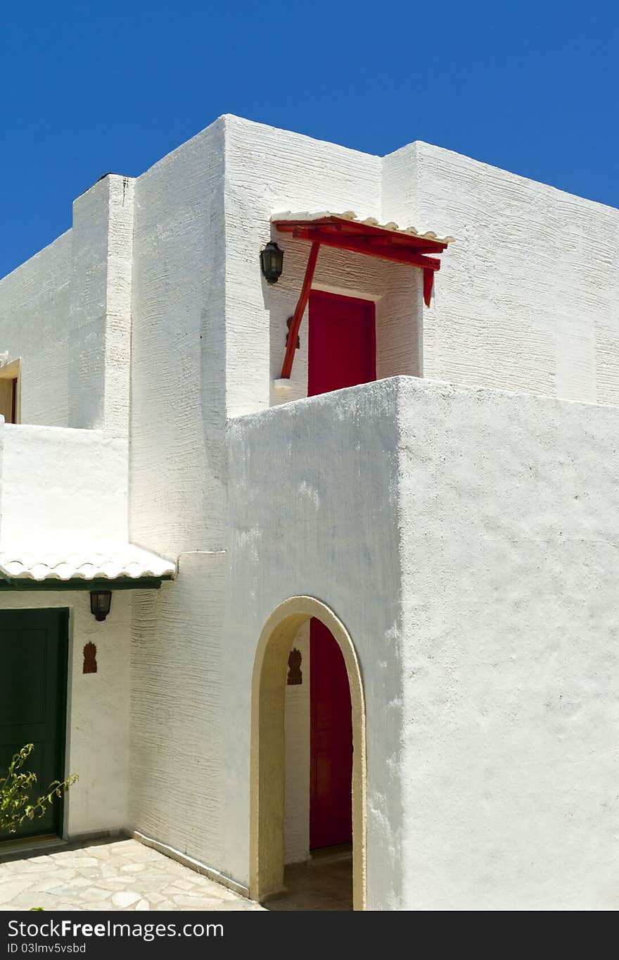 Greek mediterranean bungalow architecture.Traditional style.Crete