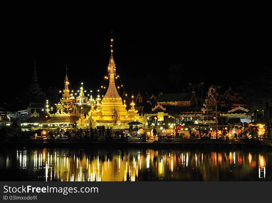 Night view of Jongklang temple, Maehongson, Thailand