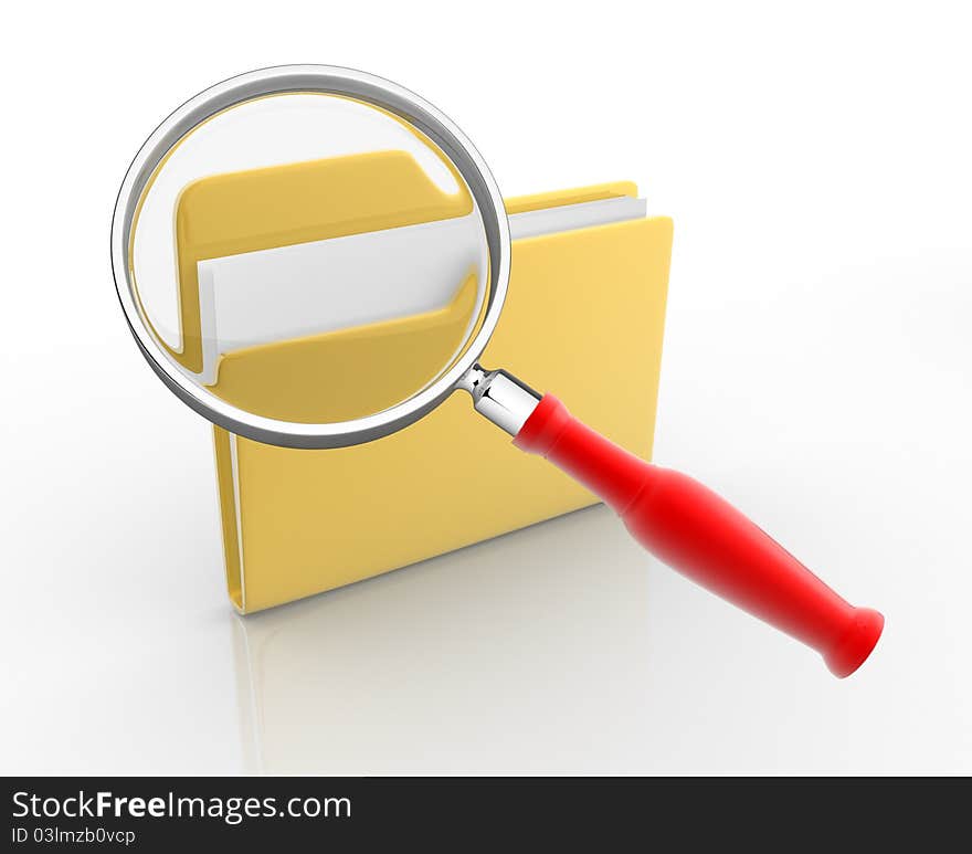 Folder with paper and magnifying glass. 3d render illustration